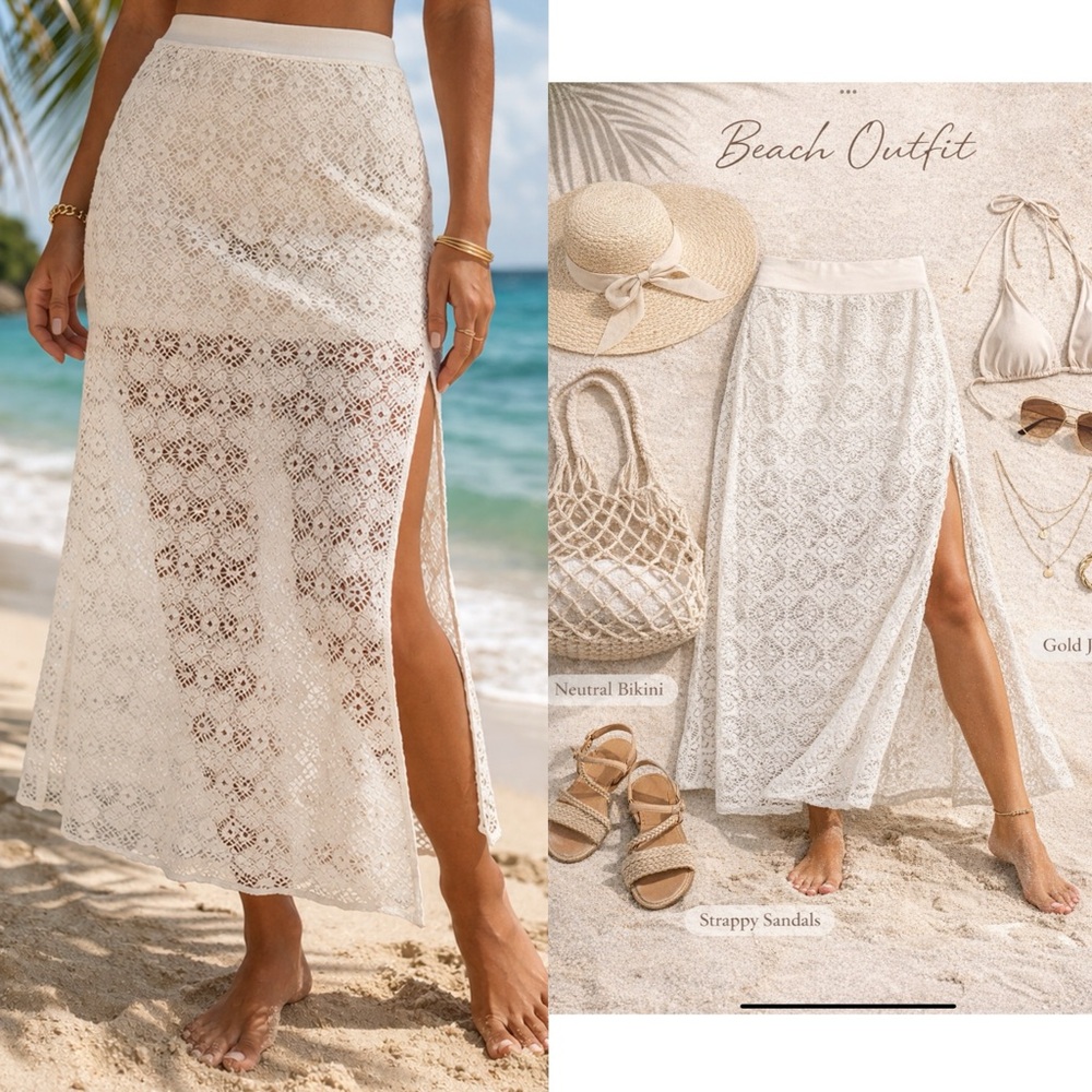 Solitaire swim White Lace Maxi Skirt Beach Cover Up Sheer Boho Resort size MED